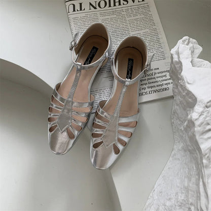 Tstrap Rome Flat Sandals Hollow Out Summer Mary Janes Shoes Pu Leather Holiday Gladiator Sandals