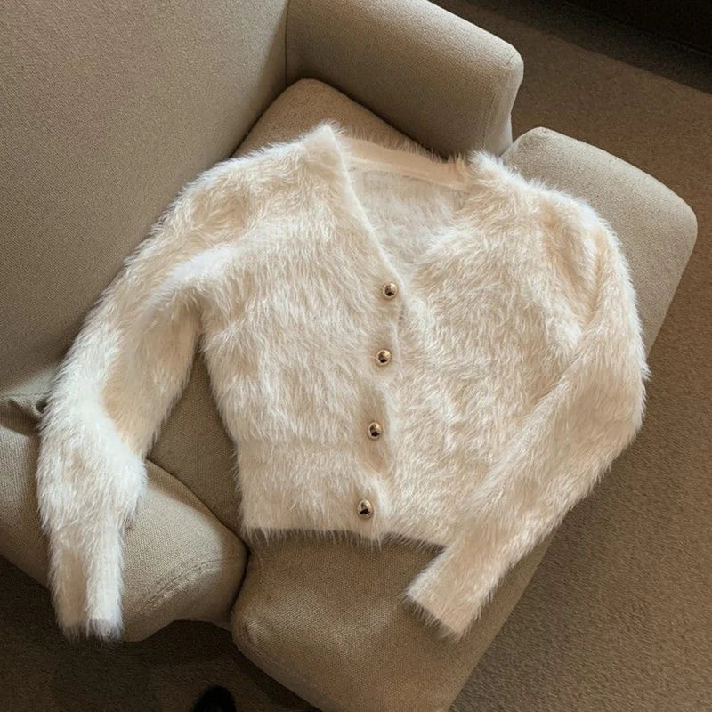Cropped Mohair Knitted Cardigan V Neck Sweater Coat Korean Black White Knitwear Slim Jumpers New