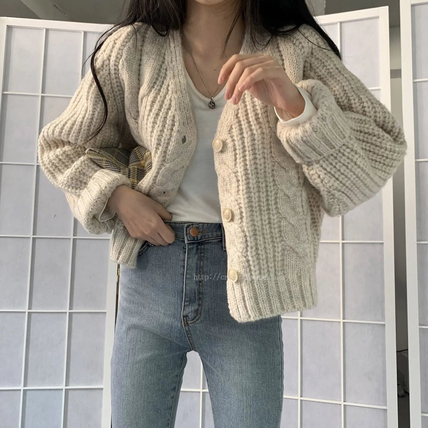 Long Sleeve Cardigan Crochet Sweater Autumn Winter Korean Vneck Single Breasted Short Tops