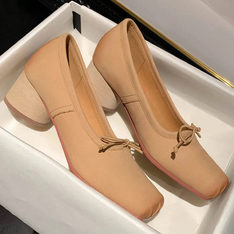 Genuine Leather 4.5cm Thick Med Heel Pleated Square Toe Slipon Pumps Sweet Bowtie Korean Style Female Heeled Shoes