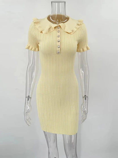 High Waist Ruffled Mini Dresses for Summer Short Sleeve Knitted Slim Fit Dress ’s Dress Woman