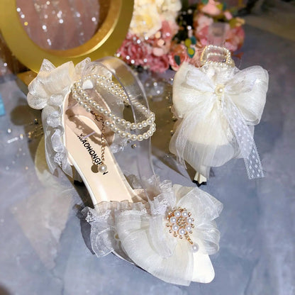 Dress Shoes White Lolita Mary Jane Shoes Woman Designer Pearl Lolita Sandals Sling Back Heels