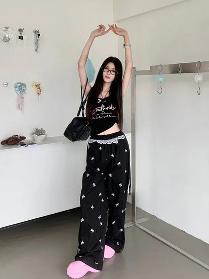 Y2k Coquette Bow Embroidery Wide Leg Pants Korean Style Kawaii Sweet Lace Patchwork High Waist Loose Pants Y2k