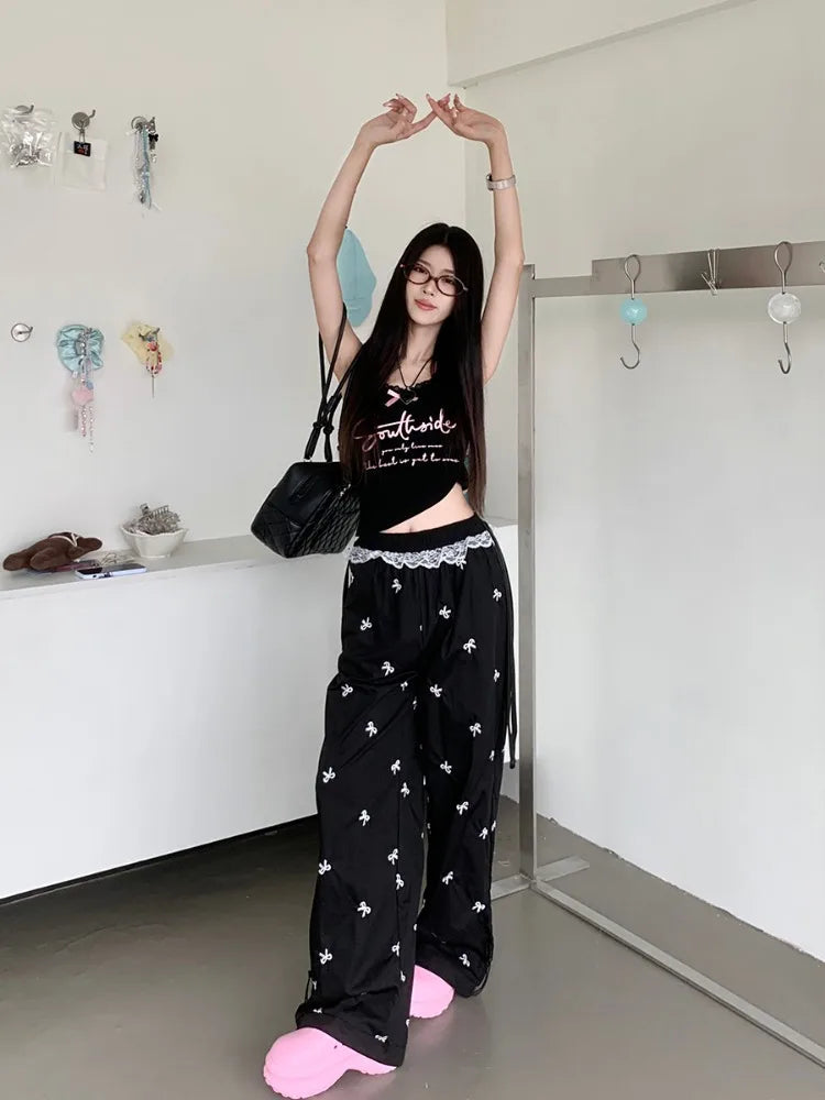 Y2k Coquette Bow Embroidery Wide Leg Pants Korean Style Kawaii Sweet Lace Patchwork High Waist Loose Pants Y2k