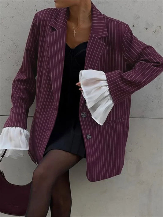 Lace Striped Suit Outwear for Patchwork Long Sleeve Lapel Commute Pocket Coat Ruffled Female Loose Blazer