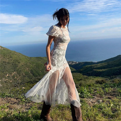 Y2k Fairycore See Through Lace Mesh White Dress Summer Retro Puffy Short Sleeve Long Dresses Coquette