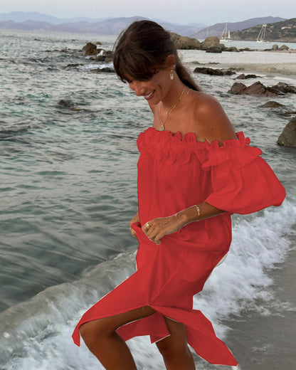 Summer Color Slit Long Dresses Off Shoulder Backless Loose Beach Vacation Dress Vestidos