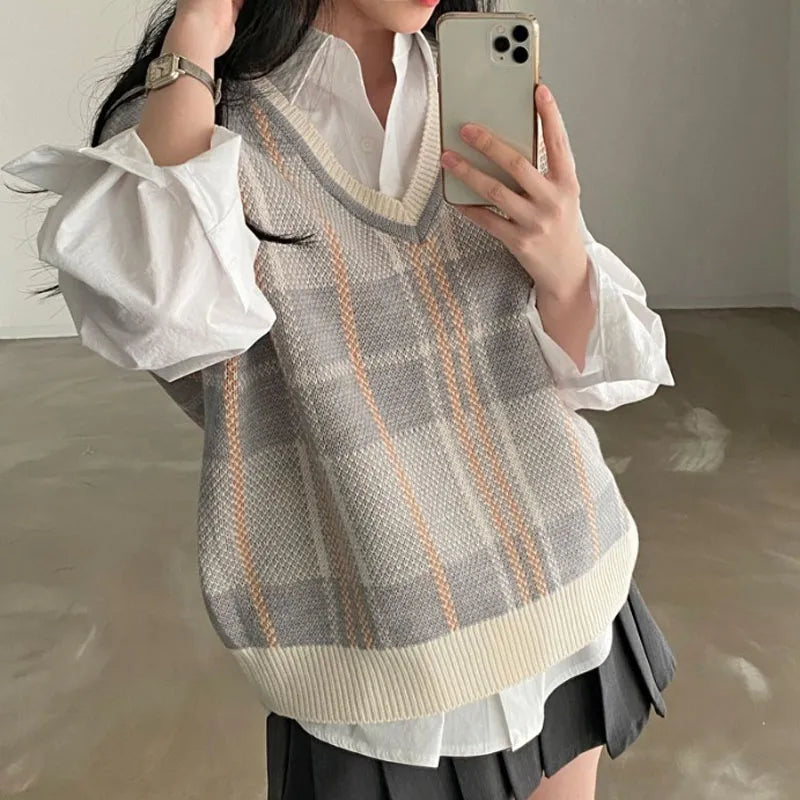 Autumn Winter Female Korean Loose Sweater Vest Office-lady V-neck Jumpers Pullover Knitted Tops Pull Femme Fc8533