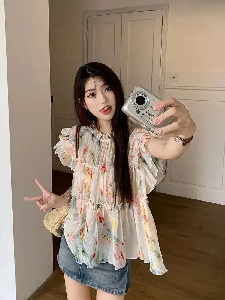 Y2k Print Chiffon Blouse Flying Sleeve Perspective Fairycore Pleated Shirts Summer Aesthetic Tops