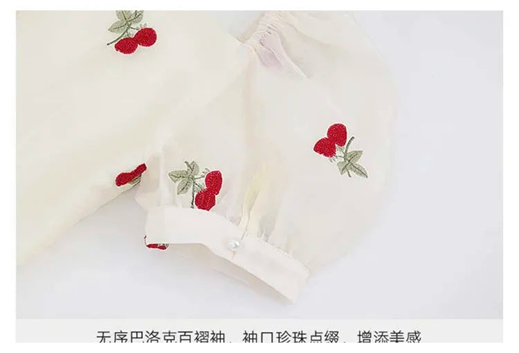 French Beige Cherry Print Evening Party Fairy Dresses Clothing Summer Vacation Short Sleeve Slim Long Dress