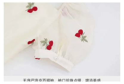 French Beige Cherry Print Evening Party Fairy Dresses Clothing Summer Vacation Short Sleeve Slim Long Dress