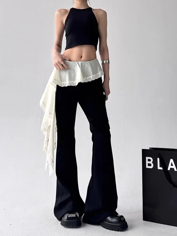 Lace Patchwork Lace Up Pants for 2205 New Slim Fit Fake Two Piece Flare Pants Y2k High Waist Black Straight Trousers
