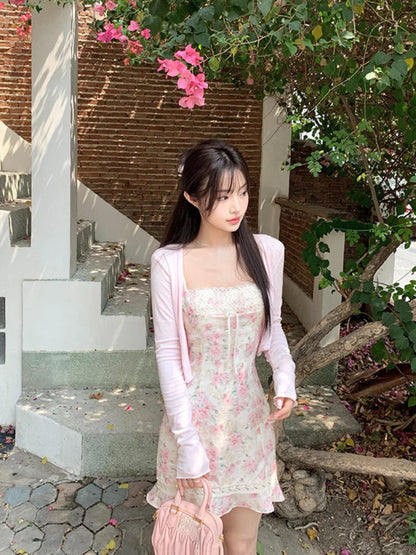 Summer Japanese 2 Piece Dress Set Cardigan + Sweet Slim Y2k Mini Dress Beach Korean