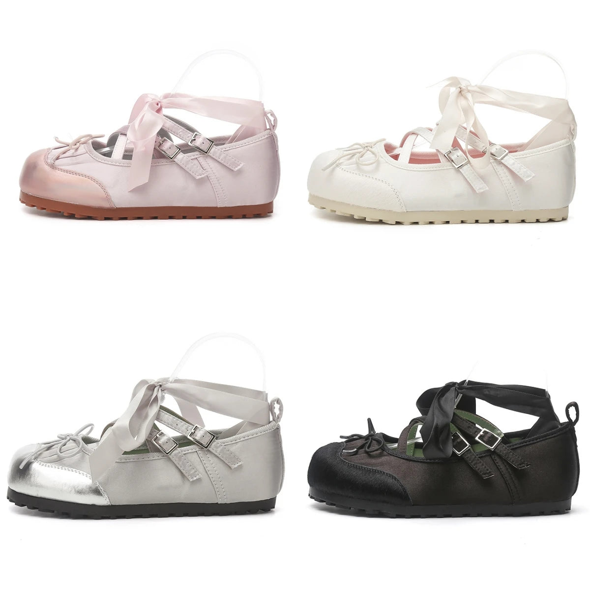 Ballet Flats Round Toe Lace Up Black Pink White Bow Designer Shoes Sandals Ballerinas Mary Jane Shoes for