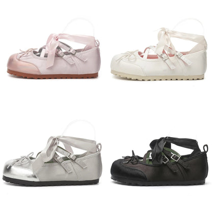 Ballet Flats Round Toe Lace Up Black Pink White Bow Designer Shoes Sandals Ballerinas Mary Jane Shoes for