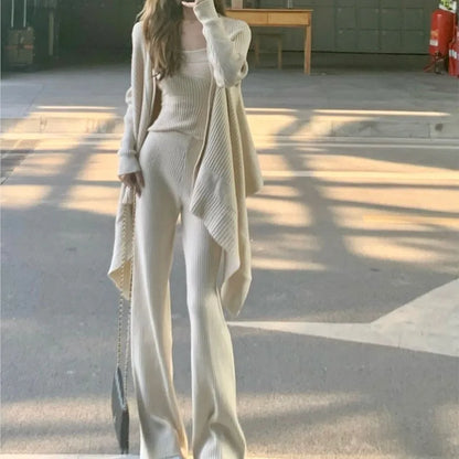 Autumn Winter Knitted 3-piece Set Tank Top Long Pants Cardigan Sweater Pullover Korean Outfits New