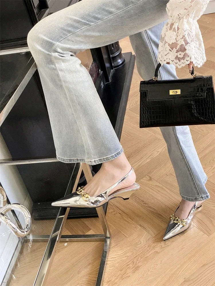 Metal Decoration Pointed Toe Pumps Thin Low Heels Sandals Dress Mules Shoes