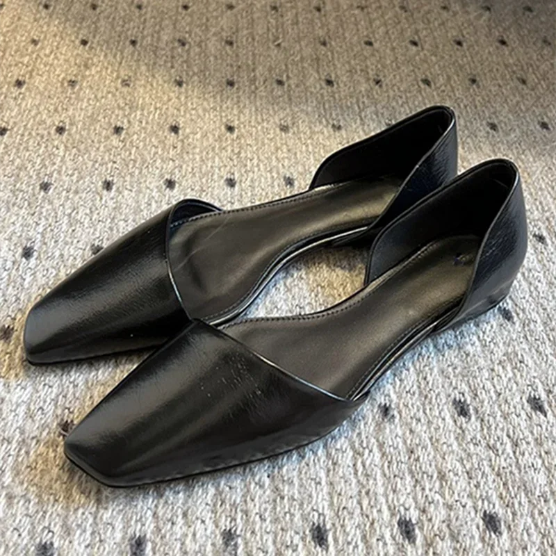 Retro Leather Flats Shoes Oblique Square Toe Hollow Mules Sandals Designer Cozy Ballet Flats Loafers
