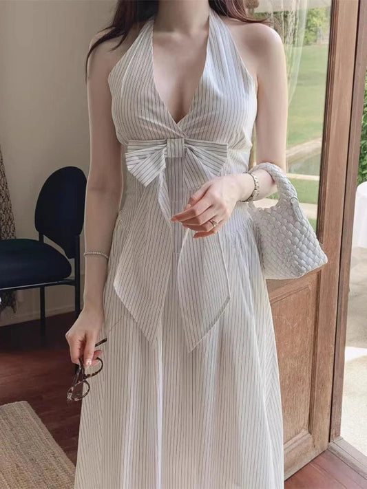 French Vacation Style Hanging Neck Striped Vest Dress Summer New Design Butterfly Bow Long Dresses