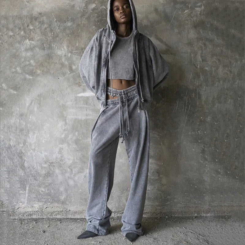 Sweatpants Gray Loose Wide Leg Trousers Hollow Out Female Clothing