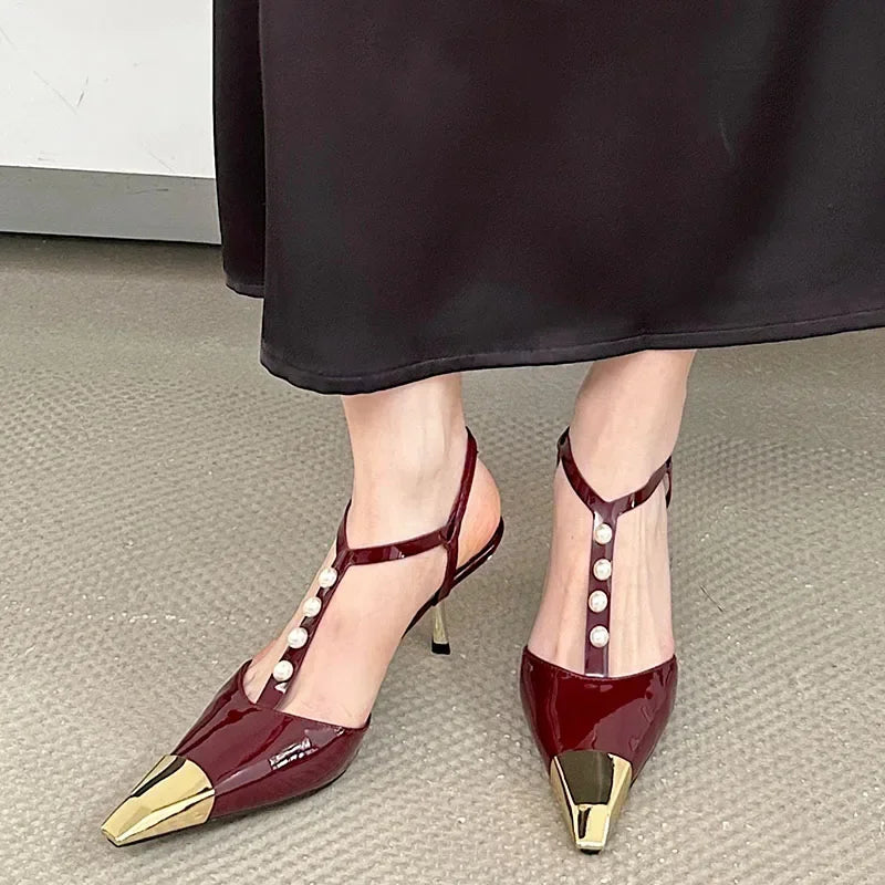 Metal Pointed Toe Thin High Heels Tstrap Pearl Party Dress Shoes Designer Pumps Sandals