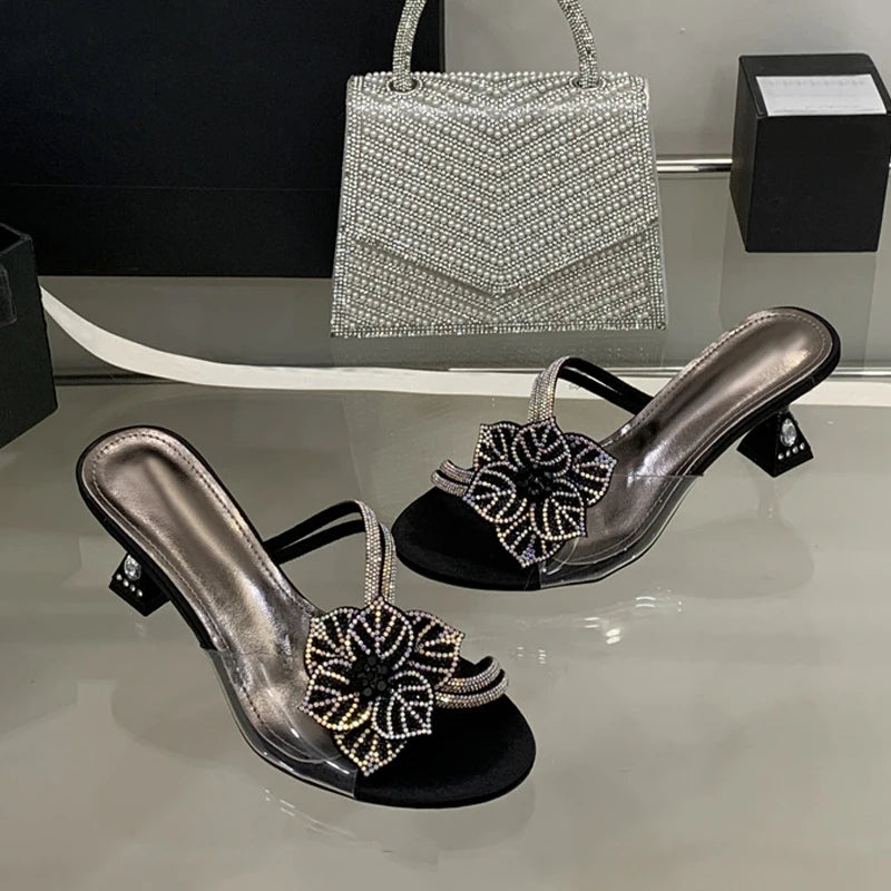 Outdoor Party Crystal Flower Slipper Transparent Sandal Rhinestone Low Heels Mules Slide Shoes Zapatos Mujer
