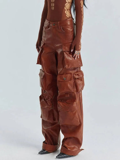 Loose Spliced Pockets Pant for High Waist Patchwoek Zippers Pu Leather Trousers Female Autumn Clothes