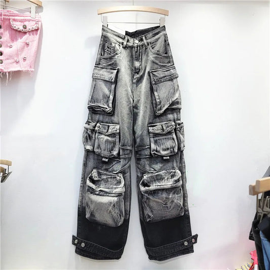 Gradient Multiple Pockets Design Jeans Single Button High Waist Denim Pants Autumn Female New