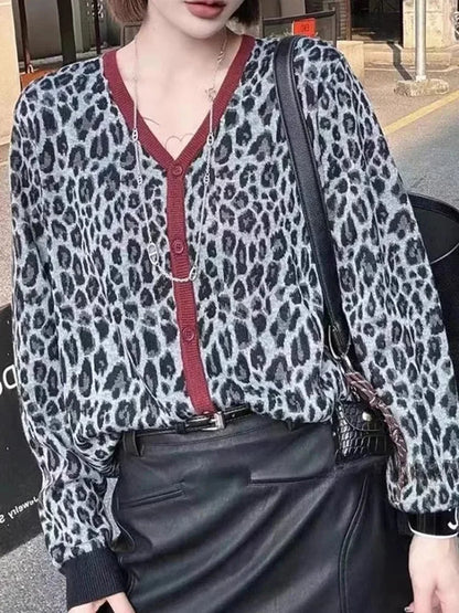 Knitted Sweaters for Long Sleeve Jumpers New Autumn Winter Leopard Loose Single Breasted Cardigan