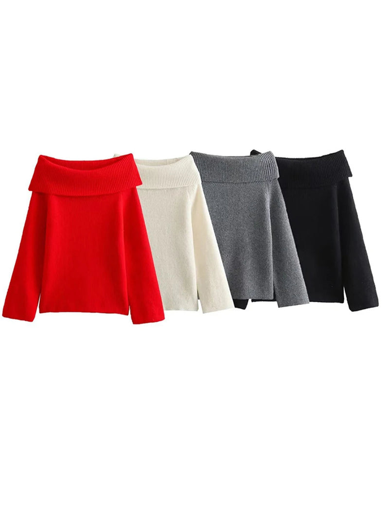 Simple Knitted Sweater for Woman Slash Neck Long Sleeve Loose Pullover Autumn Basic Jumper