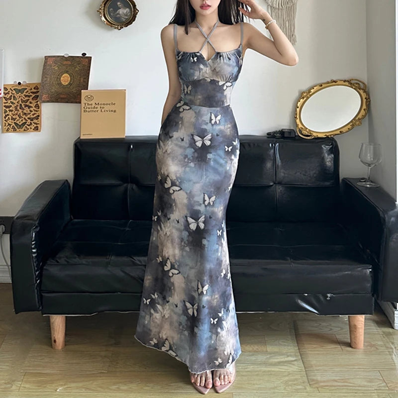 Butterfly Print Sleeveless Long Dress Coquette Tieup Spaghetti Straps Maxi Sundress Holiday Party