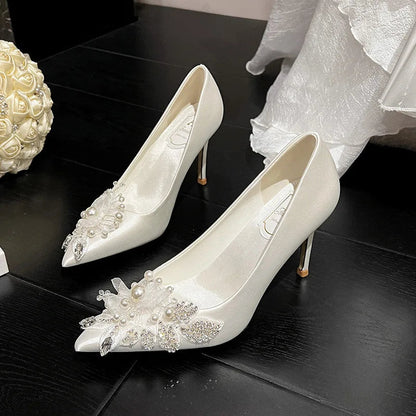 Bride Shoes Crystals Flowers Pumps New White High Heels Handembroidered Pearl Flowers Satin Lady Thin Heels