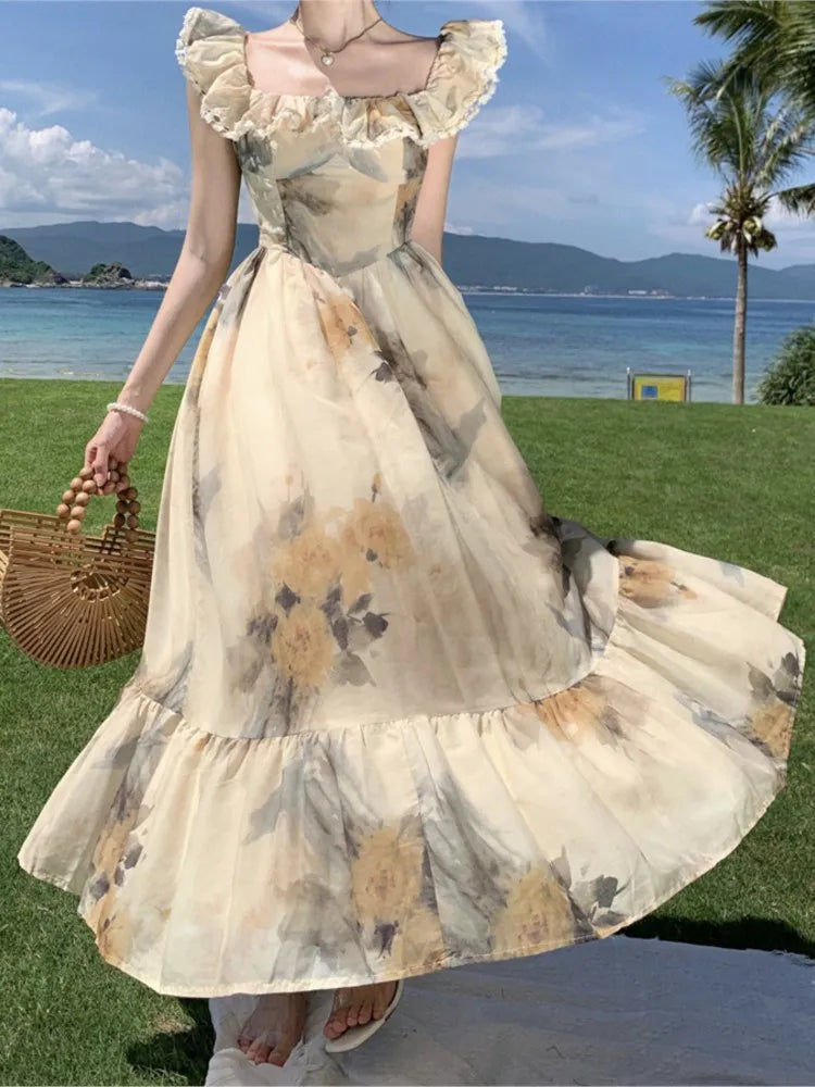 Prints Midi Dresses for French Clothing Holiday Beach Party Summer New