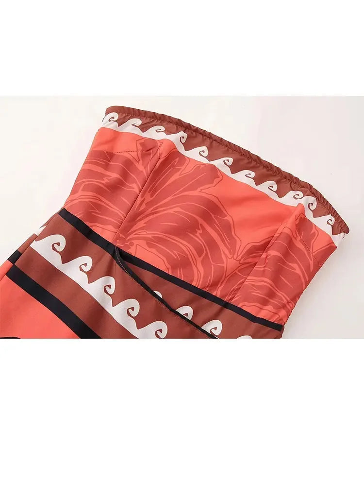 Summer Printed Tube Dress Strapless Slim Fit Midi Dresses Female Hem Slit Beach Dress