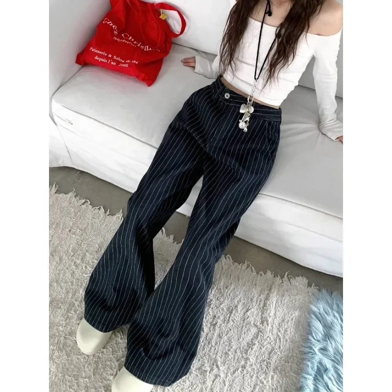 Contrast Color Striped Jeans Autumn New American High Waist Loose Allmatch Denim Wide Leg Pants