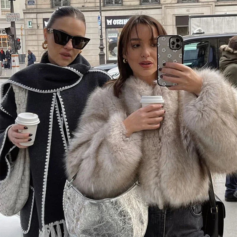 Iconic Street Week Brand Gardient Cropped Faux Fur Coat Winter Hot Cool Fluffy Short Fur Jacket
