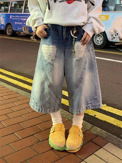 Gradient Broken Hole Wide Leg Blue Denim Shorts Style Capris Summer Female High Waist Loose Knee Length Jeans