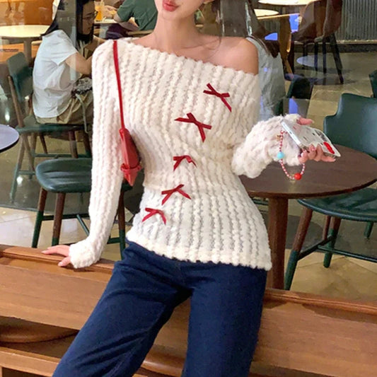 Strapless Slim Long Sleeve Sweater Autumn New Korean Contrast Color Bow Patchwork Knitted Tops