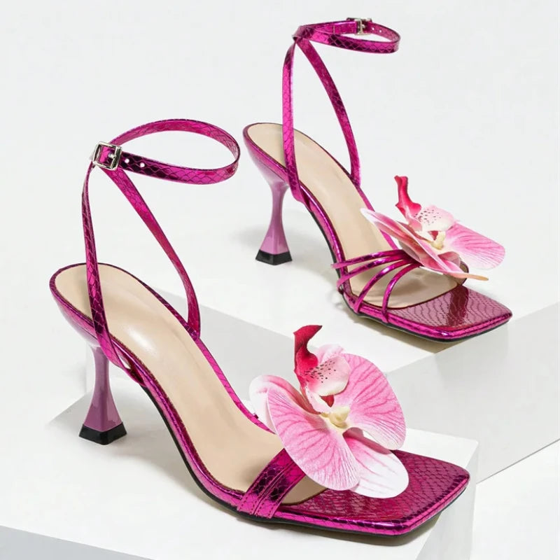 Flowers Square Toe Open Toe High Heel Brand Design Narrow Band Party Thin High Sandals Summer Stripper Shoes