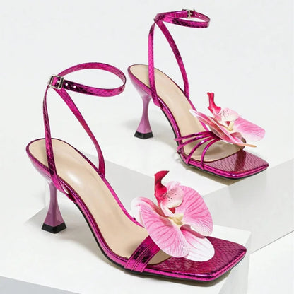 Flowers Square Toe Open Toe High Heel Brand Design Narrow Band Party Thin High Sandals Summer Stripper Shoes