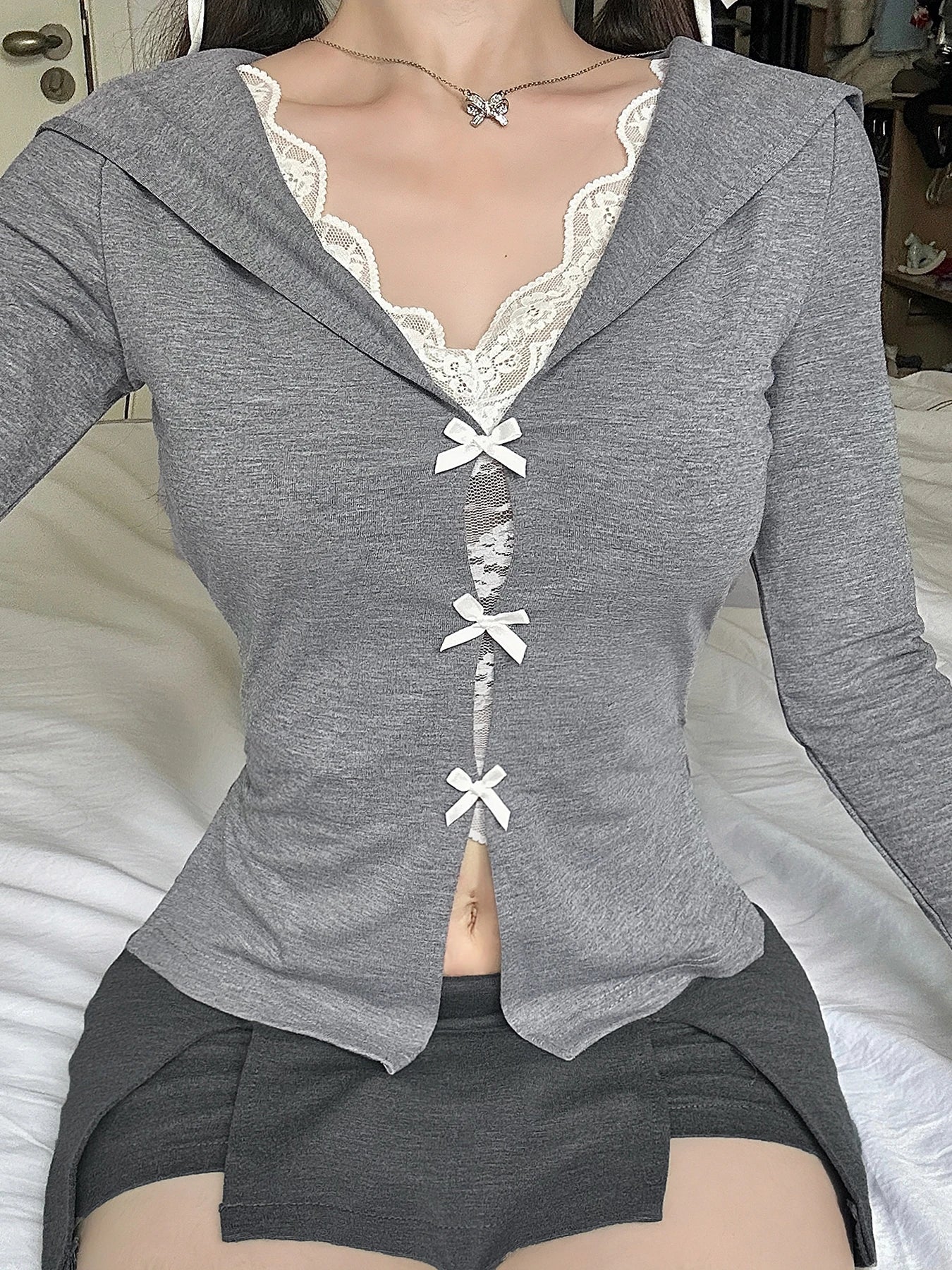 Sweet Korean Bowknot Sailor Collar Fake Two Piece Top Tees Long Sleeve Gentle Cardigan Autumn
