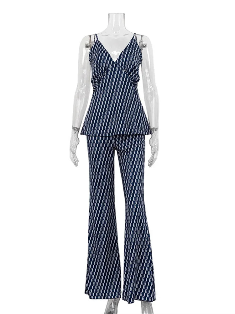 Printed ’s Pants Outfits V-neck Contrast Slim Pullover and Wide Leg Trousers 2 Piece-set Clothes Sets
