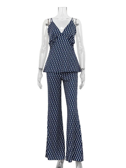 Printed ’s Pants Outfits V-neck Contrast Slim Pullover and Wide Leg Trousers 2 Piece-set Clothes Sets