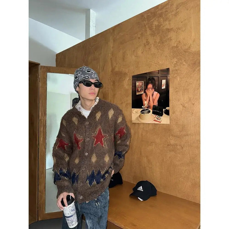 American Retro Christmas Star Knitted Cardigan for and Round Neck Couple Sweater Soft Plush Coat Sweaters Top