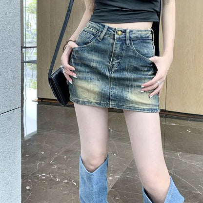 Embroidery Denim Half Skirt Summer Skirt Water Wash Elastic Wrap Hip Short Skirt