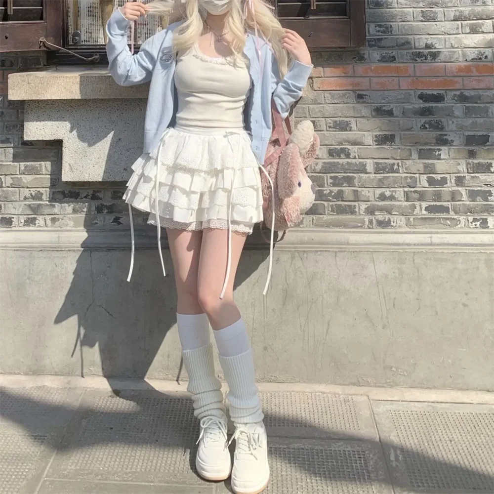 Kawaii Patchwork Lace Up Japanese Cutecore Mini Skirt Summer Lolita Skirt Harajuku White High Waist Aline Lace Skirt