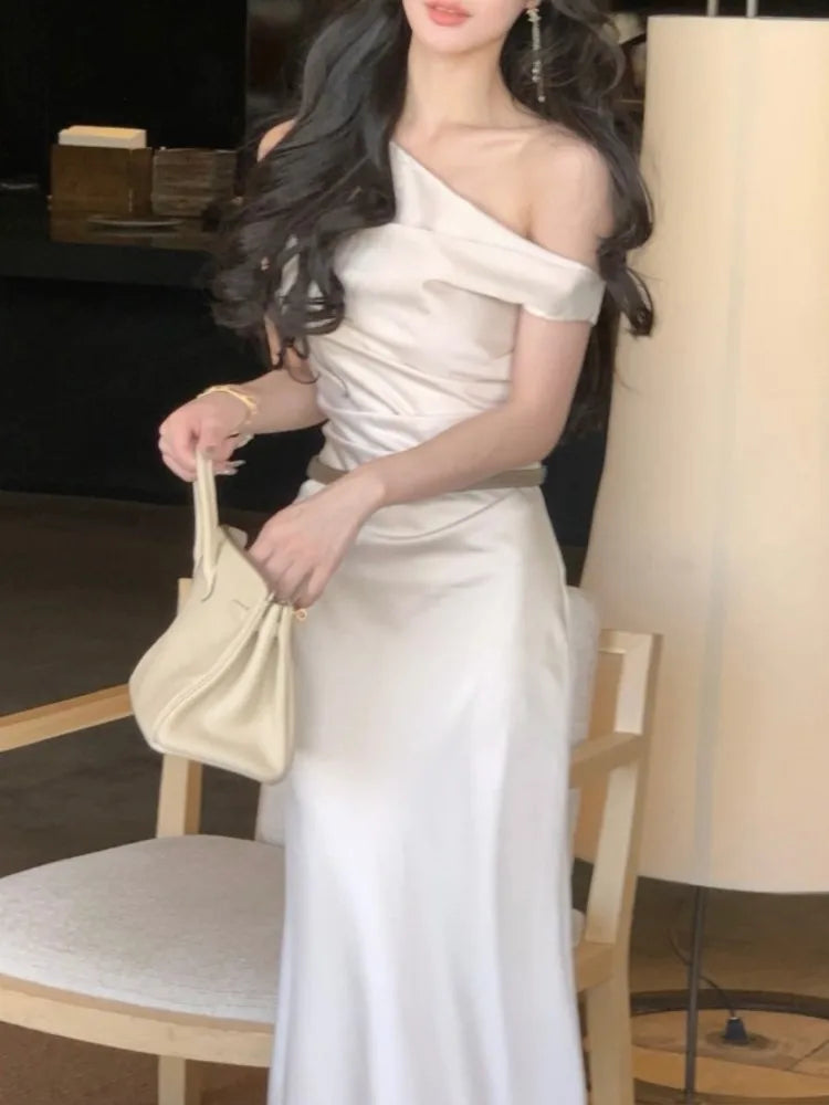 Evening Party Satin Long Dresses for Summer Pink Birthday Robe Slash Sleeveless Slim Female Clothing