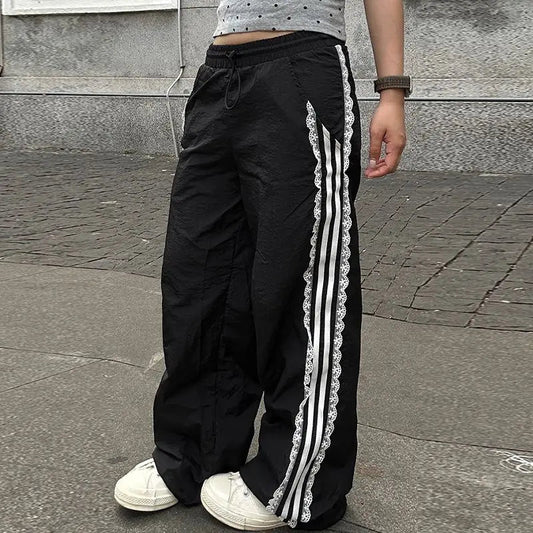 Coquette Sweatpants Summer Y2k Lace Stripe Patchwork Elastic Waist Sports Pants Trousers