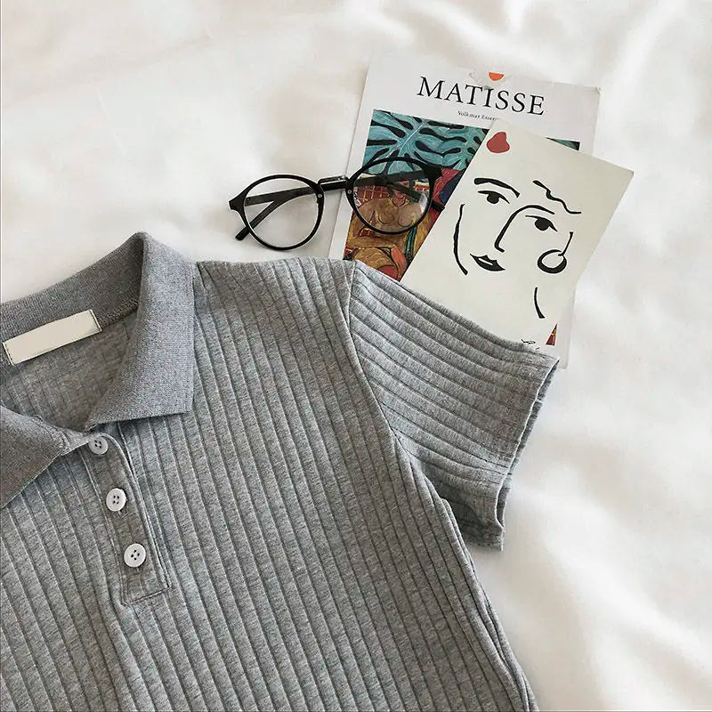 Knit School Polo Neck Cropped Shirt Summer Short Sleeve Youthful Color Crop Top Female Basic Blouse Lady Pullover