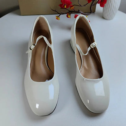 Patent Leather Mary Jane Shoes for Spring White Chunky Low Heels Brand Designer Dress Office Lady Pumps